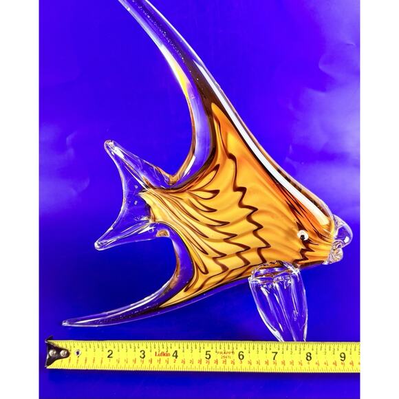 Murano Style Art Glass Sculpture Angel Fish 11” Tall Yellow Orange Tangerine - Picture 9 of 9